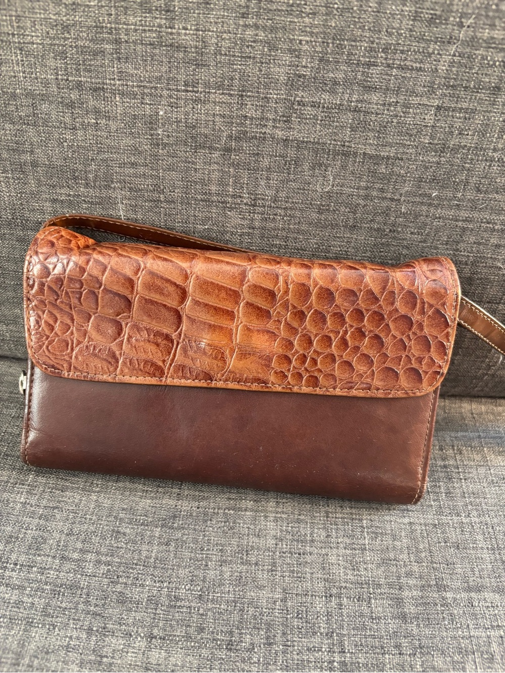 Brown Croc-Texture Leather Clutch Wallet with Removable Shoulder Strap